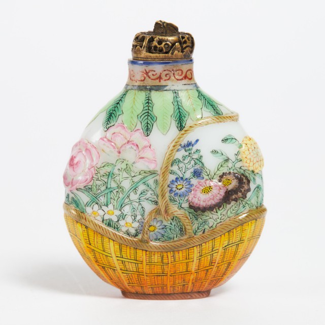 A Famille Rose Enamelled White Glass ‘Flower Basket’ Snuff Bottle, Guyue Xuan Mark, Qianlong Period, Circa 1775-1795